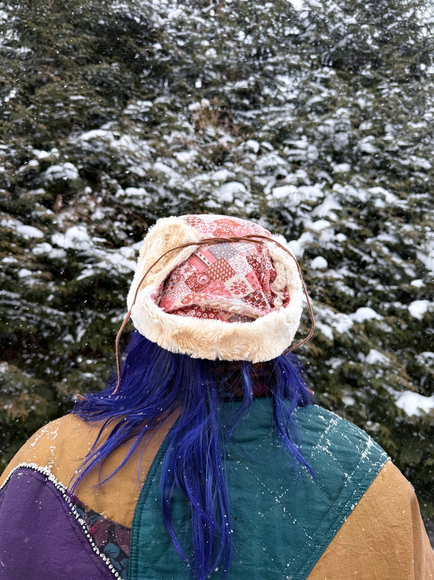 Pink square ushanka with faux fur lining