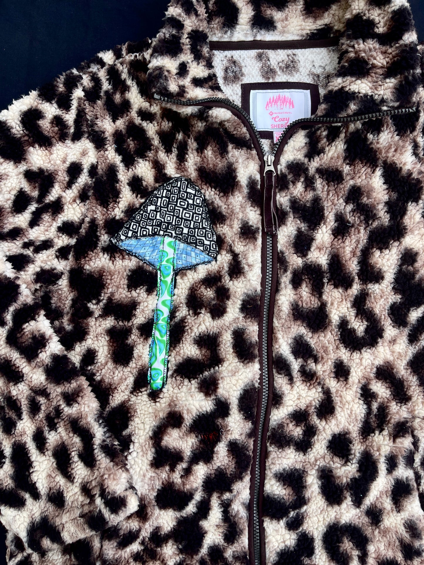 Leopard clown & mushroom fuzzy zip up jacket