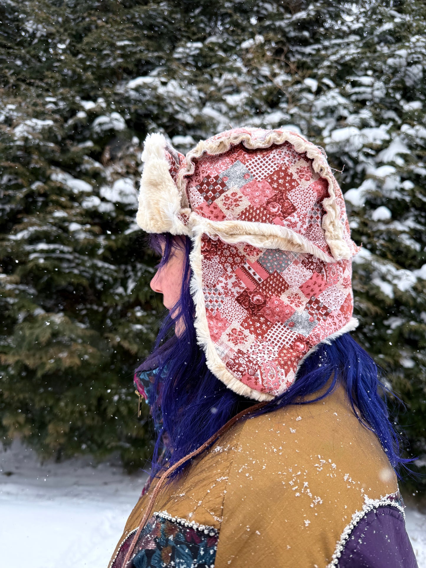 Pink square ushanka with faux fur lining