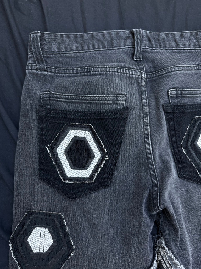 Black and white geometric denim pants with corduroy flair