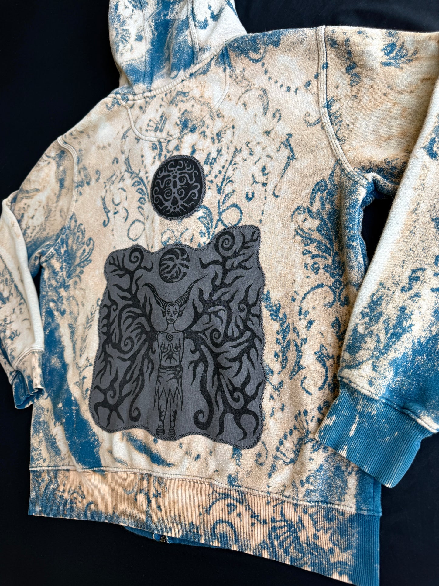 Moon goddess patch bleach dyed zip up hoodie
