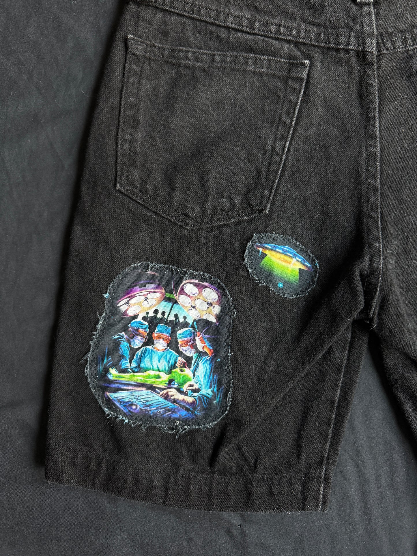 Alien + UFO black jean shorts