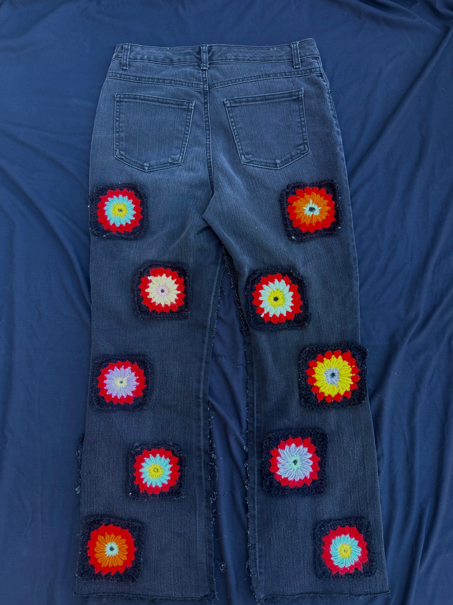 Black flower granny square pants