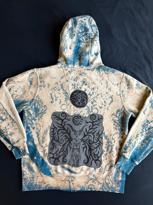 Moon goddess patch bleach dyed zip up hoodie