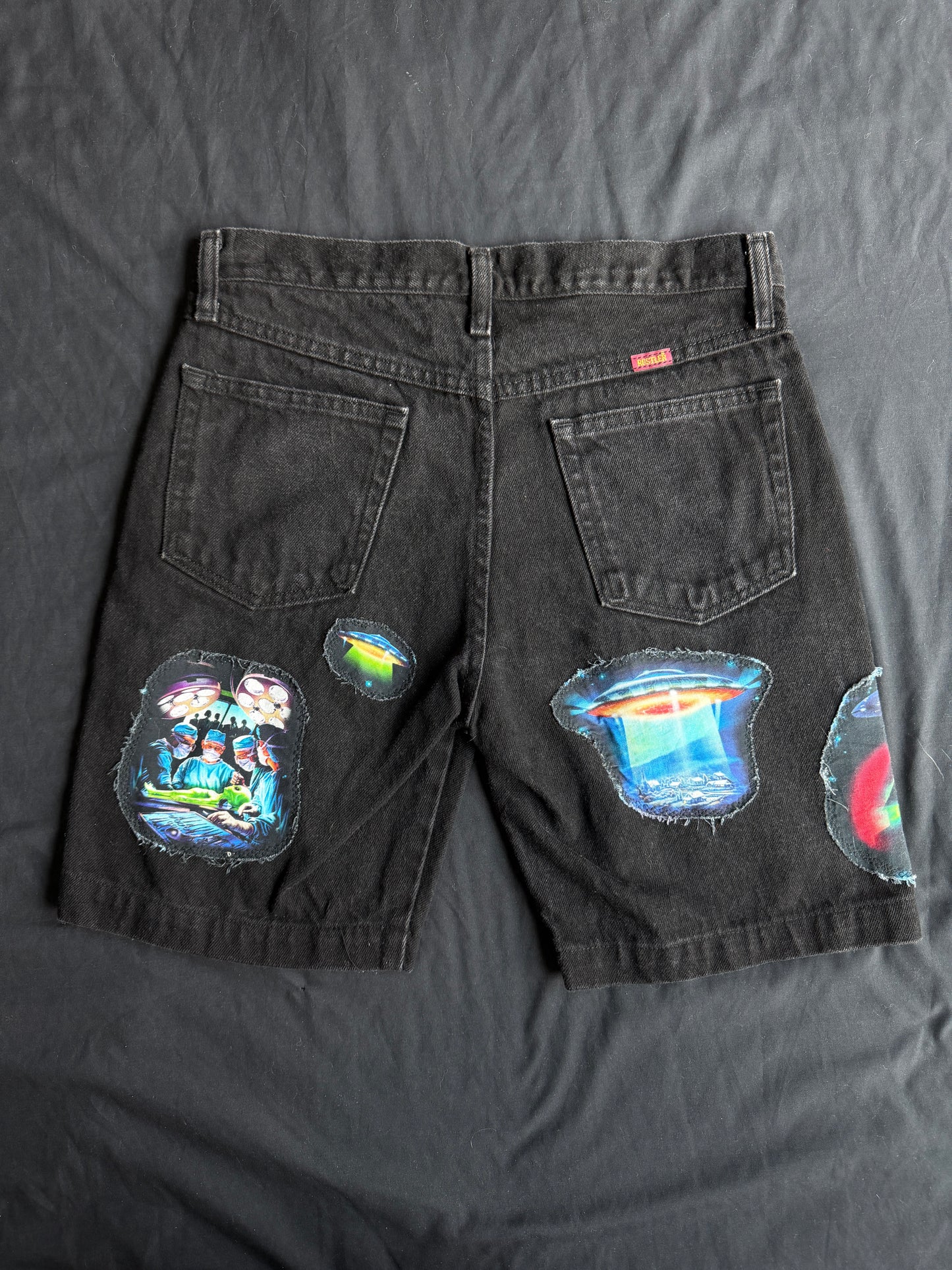 Alien + UFO black jean shorts