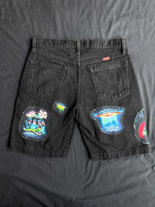 Alien + UFO black jean shorts