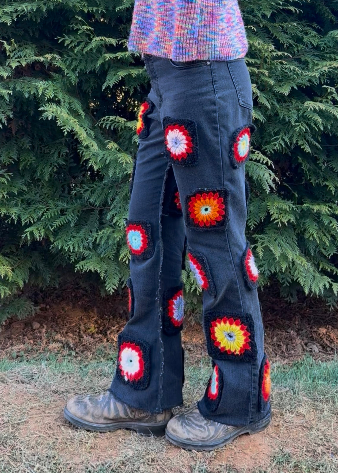 Black flower granny square pants