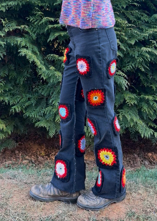 Black flower granny square pants