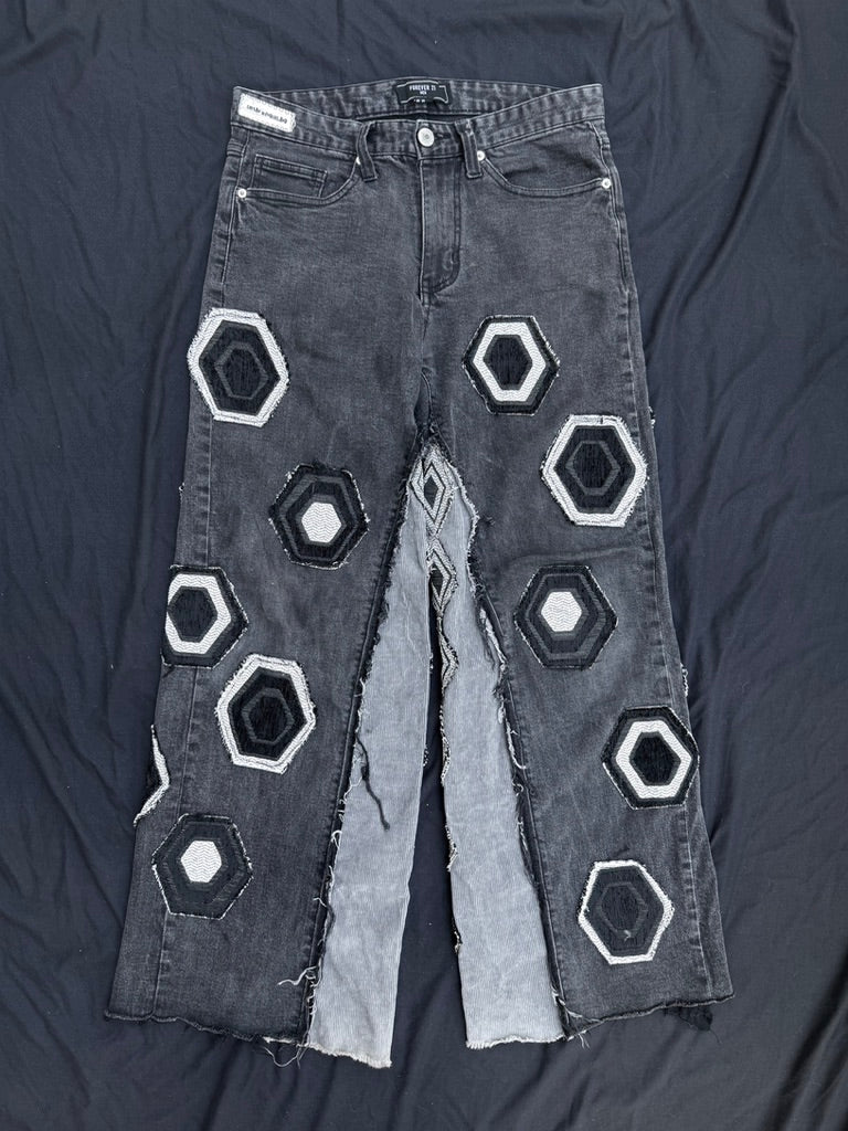 Black and white geometric denim pants with corduroy flair