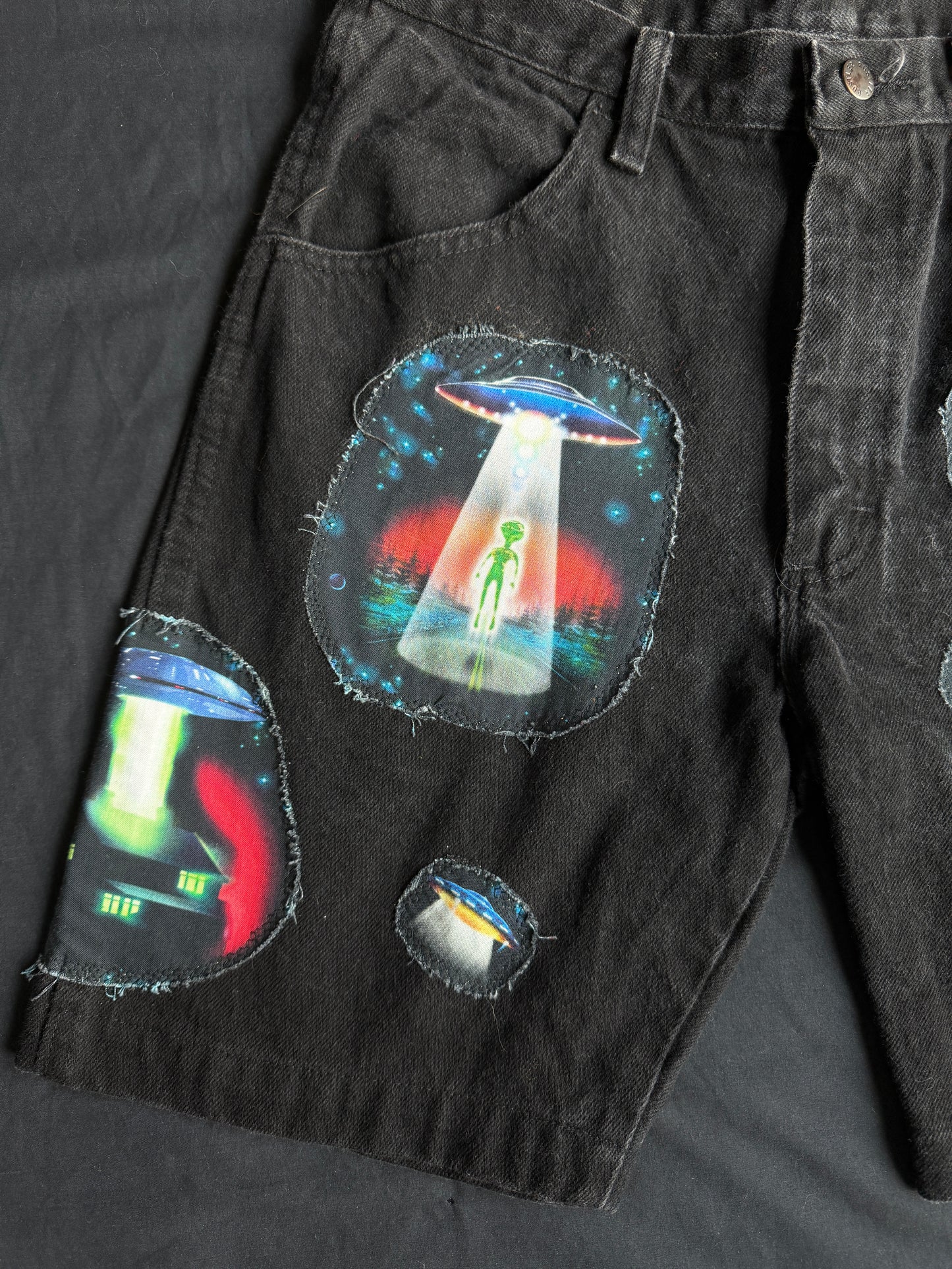 Alien + UFO black jean shorts