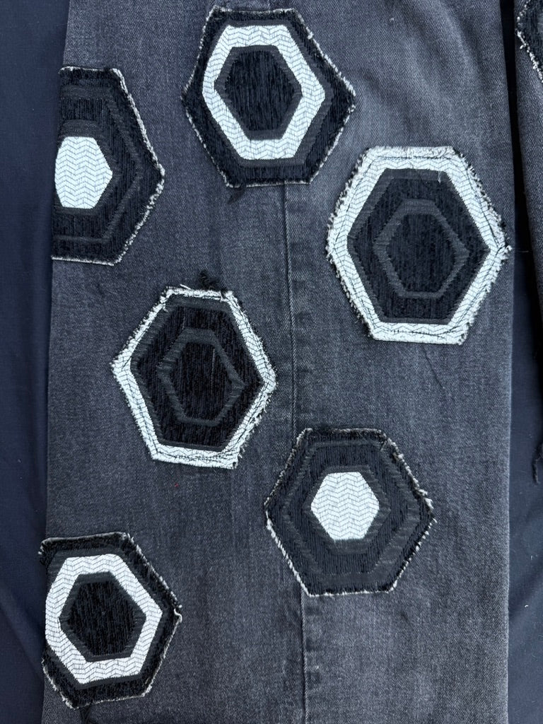 Black and white geometric denim pants with corduroy flair