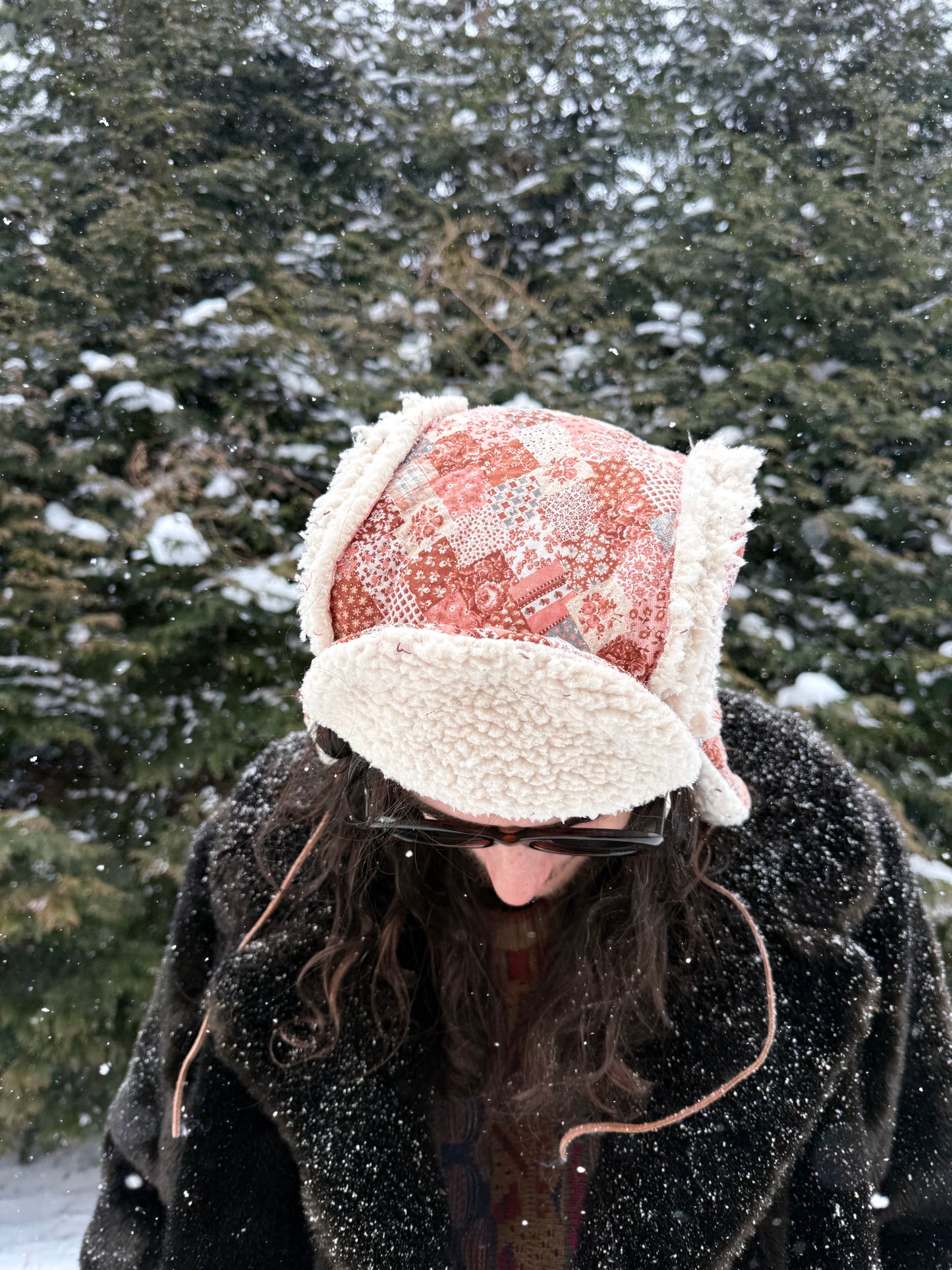 Pink square ushanka with fluffy lining
