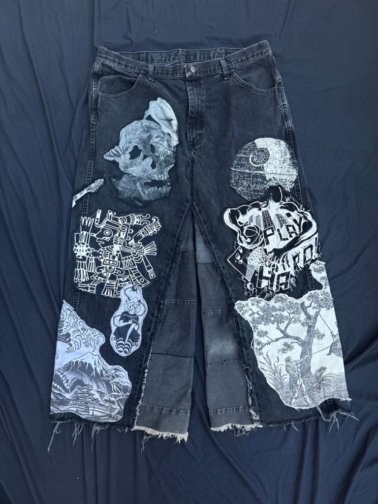 Black and white collaged denim ultra baggy pants