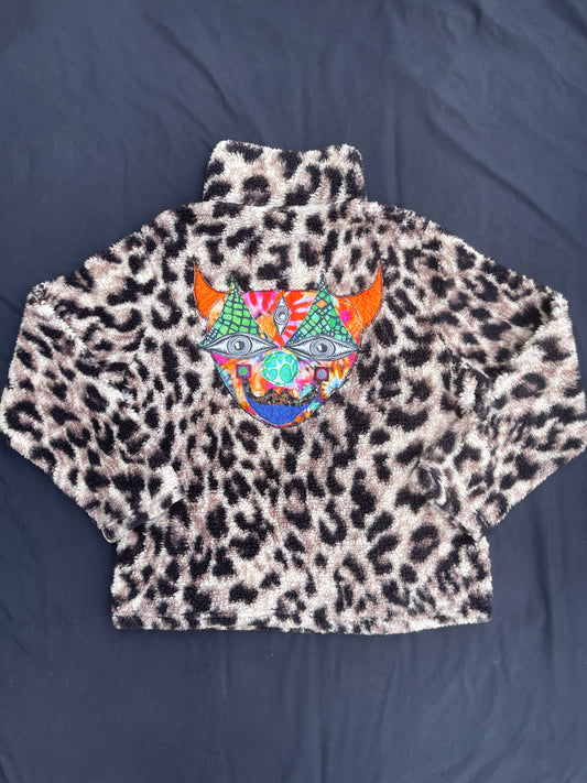 Leopard clown & mushroom fuzzy zip up jacket