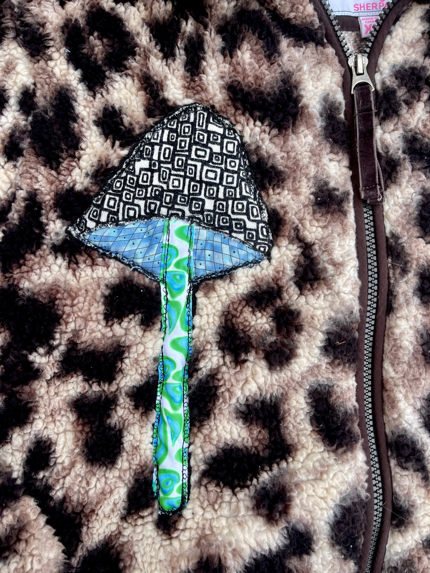 Leopard clown & mushroom fuzzy zip up jacket