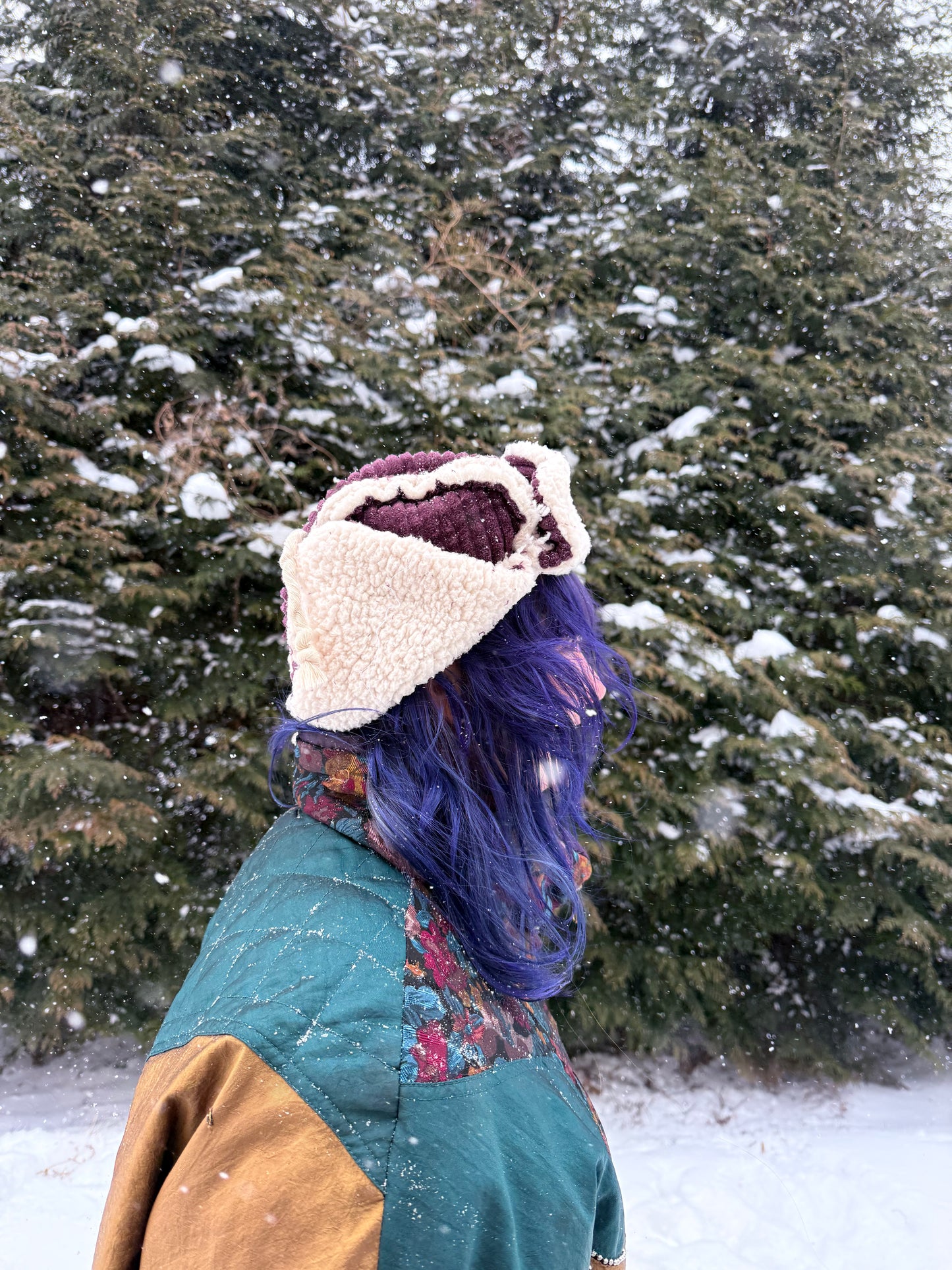Purple corduroy ushanka with white fluffy lining