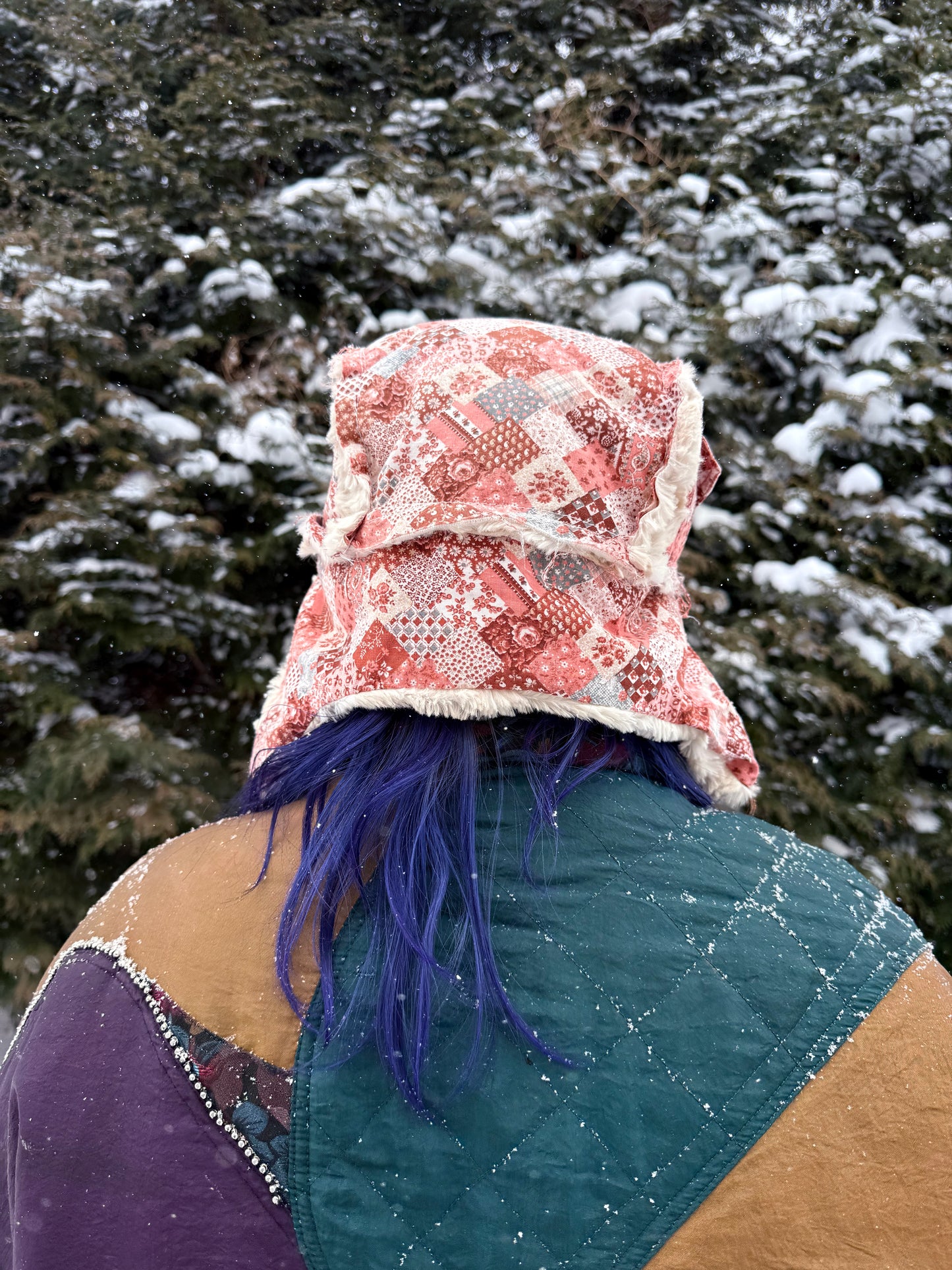 Pink square ushanka with faux fur lining