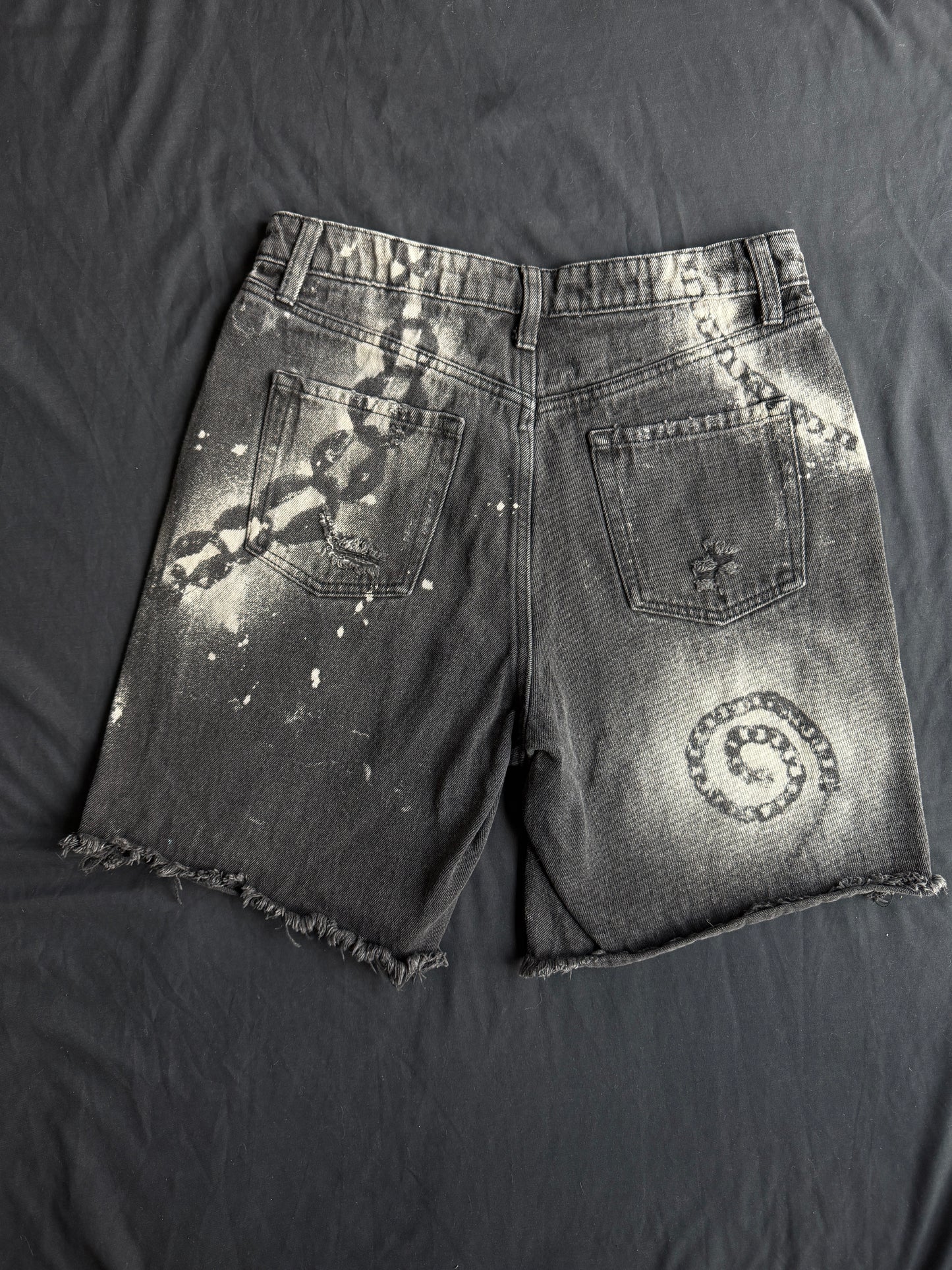 Chain bleach dyed black jean shorts