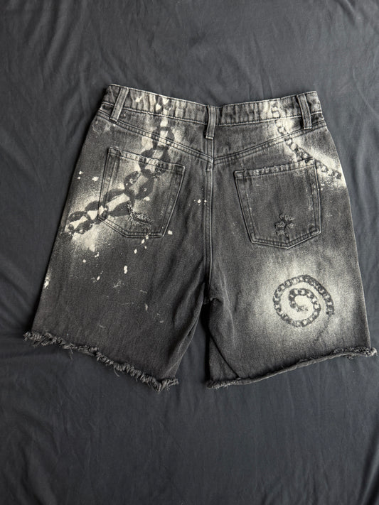 Chain bleach dyed black jean shorts