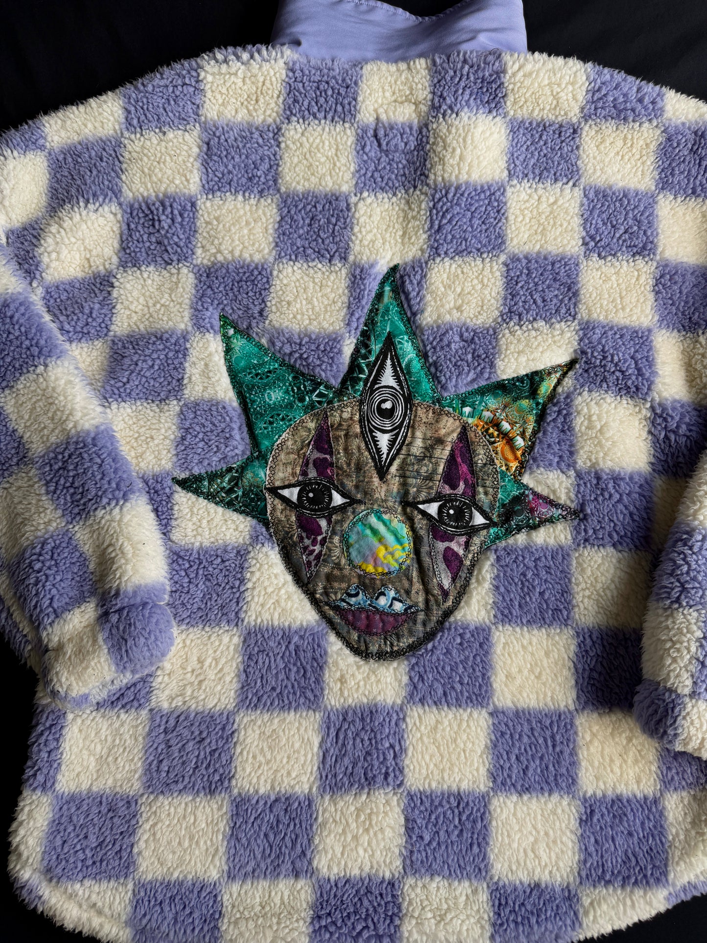 Checkered clown & mushroom fuzzy quarter zip jacket