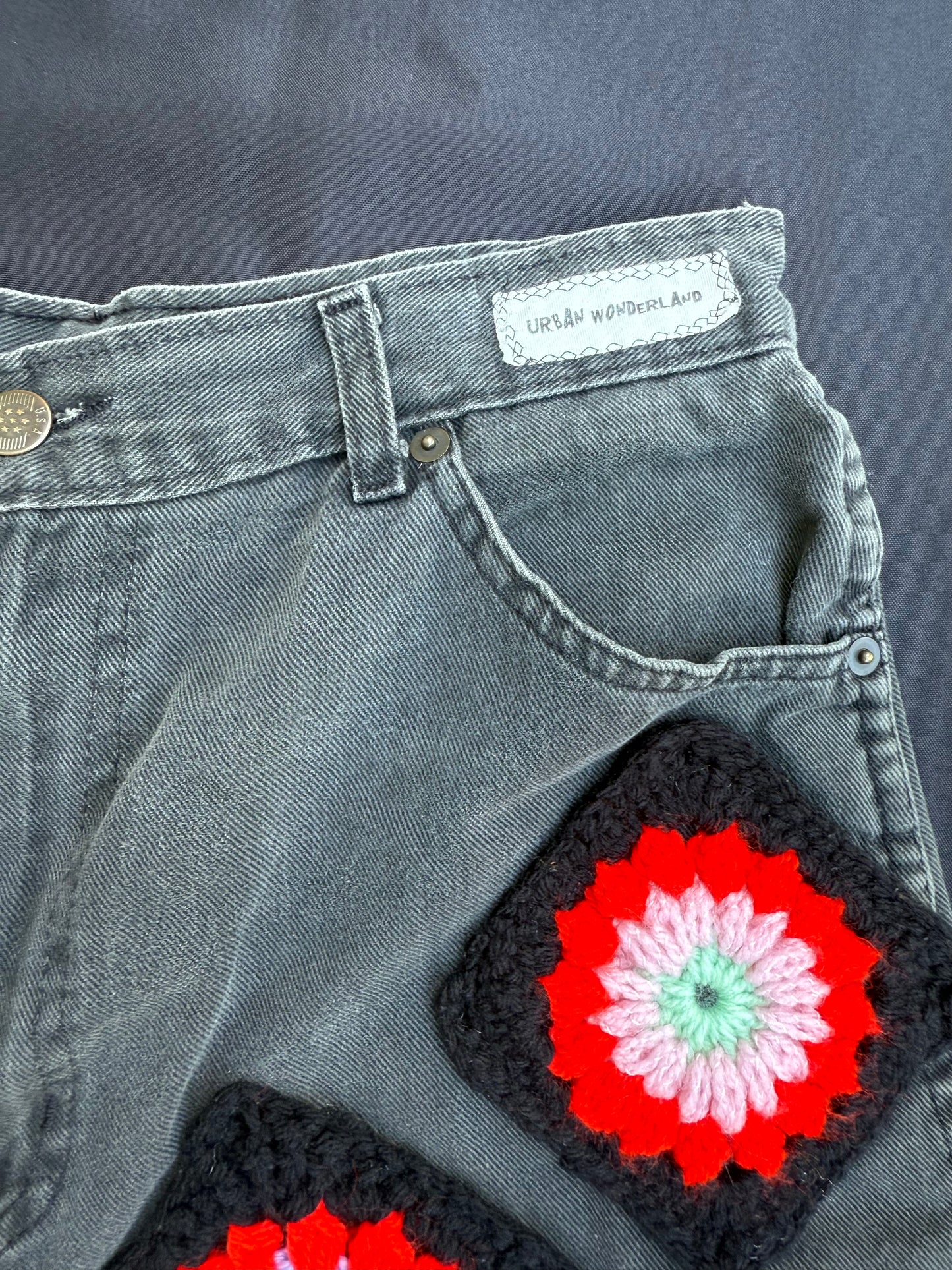 Crochet granny square black jean shorts