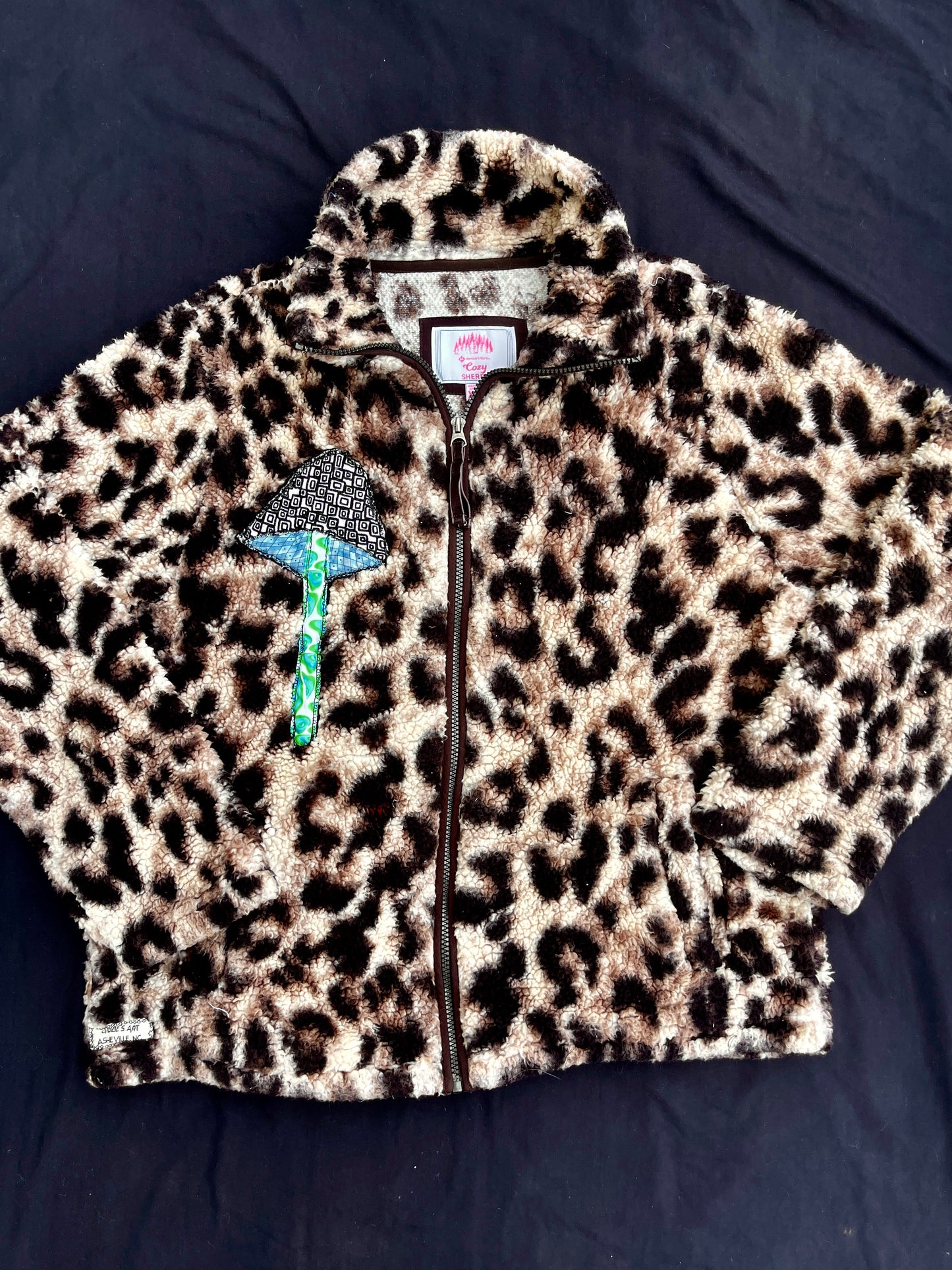 Leopard clown & mushroom fuzzy zip up jacket