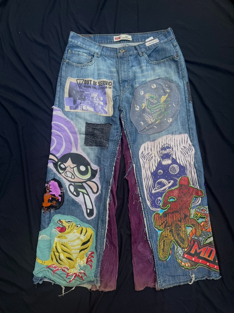 Purple collaged denim with added corduroy flair