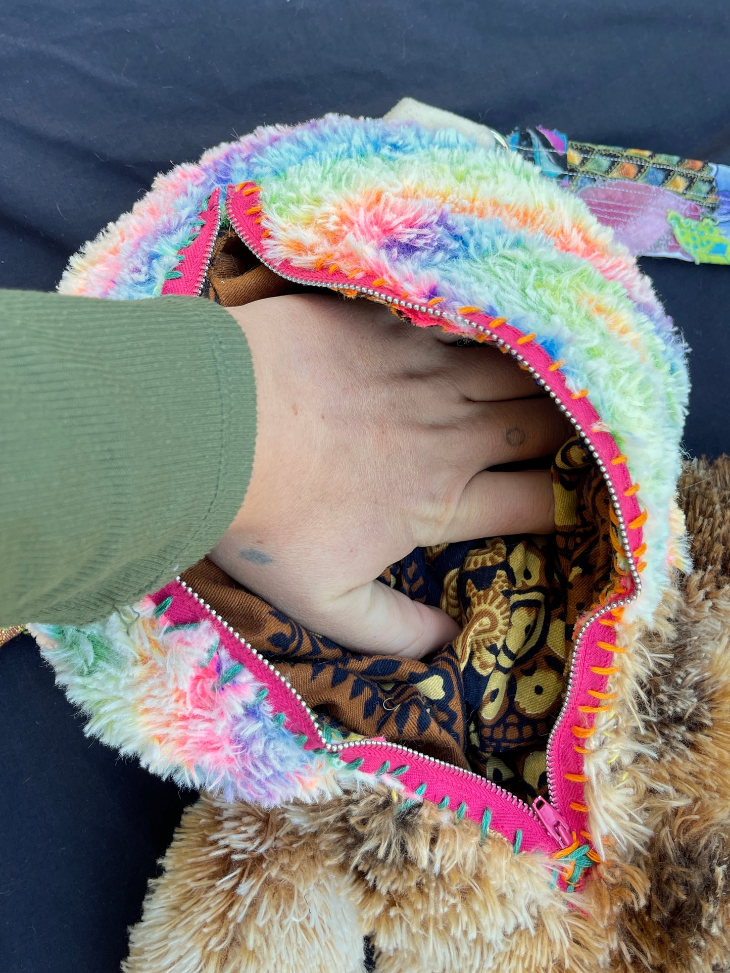 Rainbow camel + fuzzy brown bear hybrid backpack